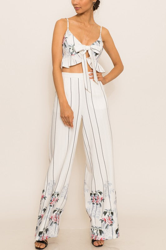 Elegant Tie-Up Mixed Pattern Ruffle White Top