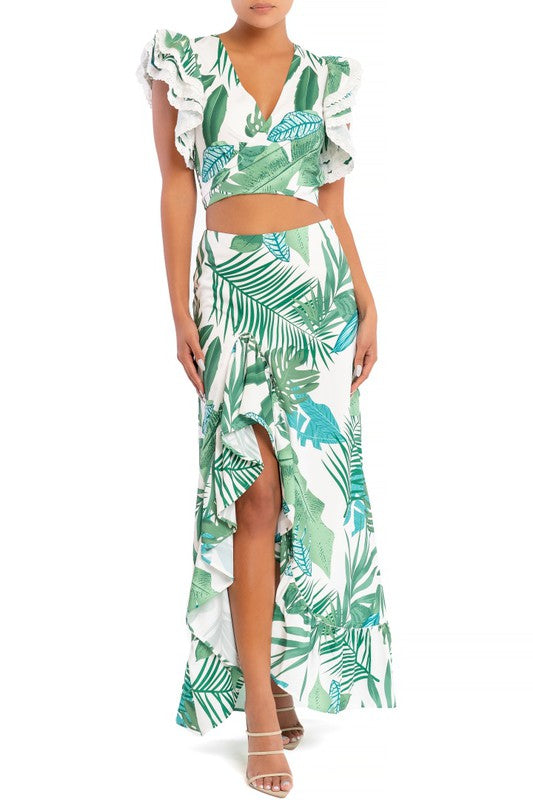 Fashion White Green Tropical Print High Waisted Ruffle Maxi Skirt with Middle Slit