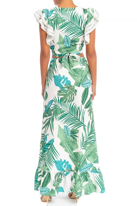 Fashion White Green Tropical Print High Waisted Ruffle Maxi Skirt with Middle Slit