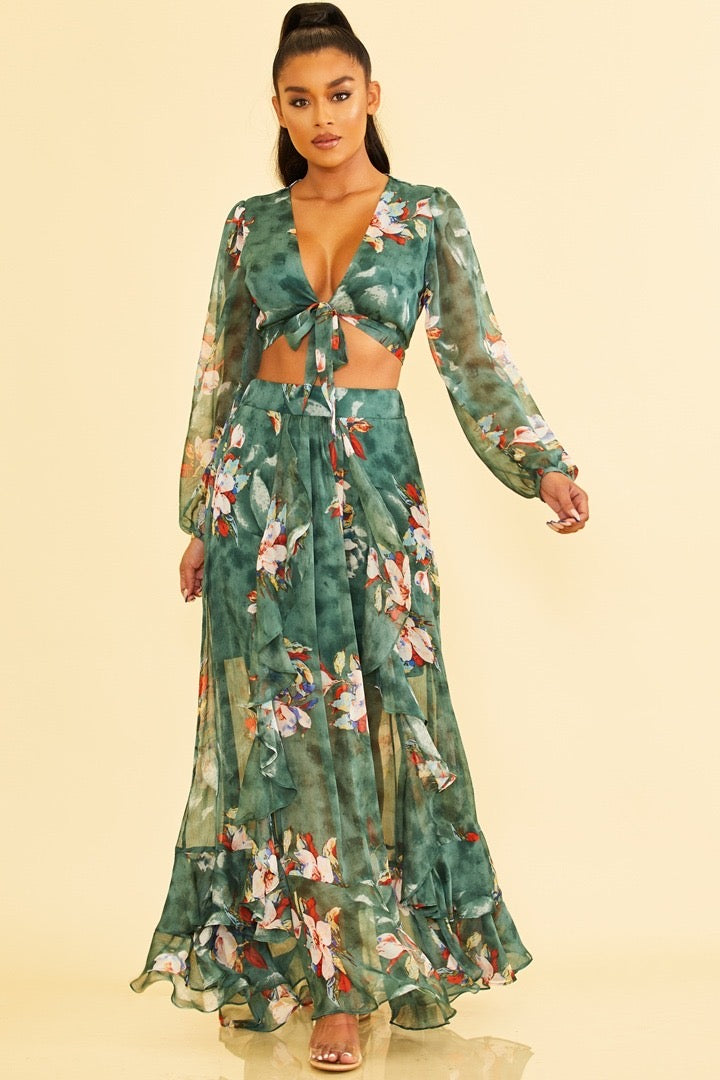 Elegant Hunter Green Multi-Color Floral Print Front Tie-Up Crop Top with Bell Sleeve