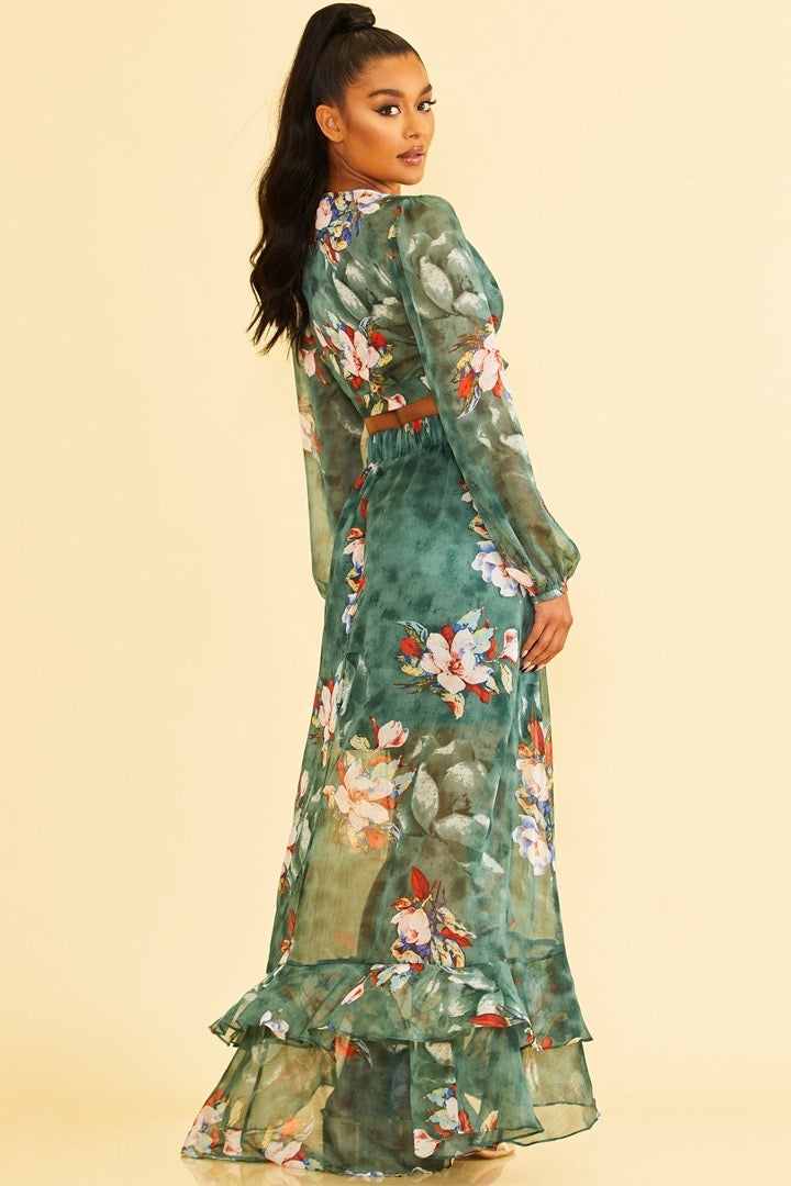 Elegant Hunter Green Multi-Color Floral Print High Waisted Ruffle Maxi Skirt