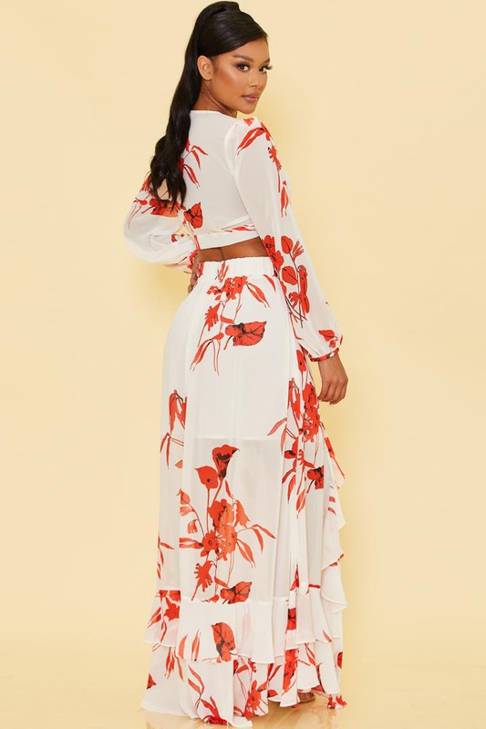 Elegant White Red Floral Print High Waisted Ruffle Maxi Skirt