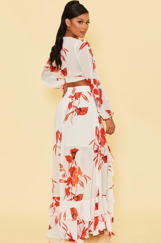 Elegant White Red Floral Print Front Tie-Up Crop Top with Bell Sleeve