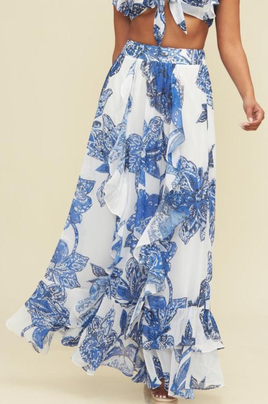 Elegant White Blue Floral Print High Waisted Ruffle Resort Maxi Skirt