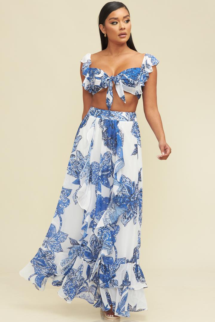 Elegant White Blue Floral Print High Waisted Ruffle Resort Maxi Skirt