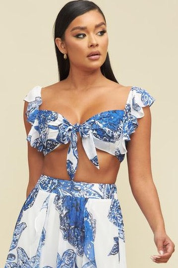 Elegant Strap White Blue Floral Print Front Tie-Up Ruffle Resort Crop Top