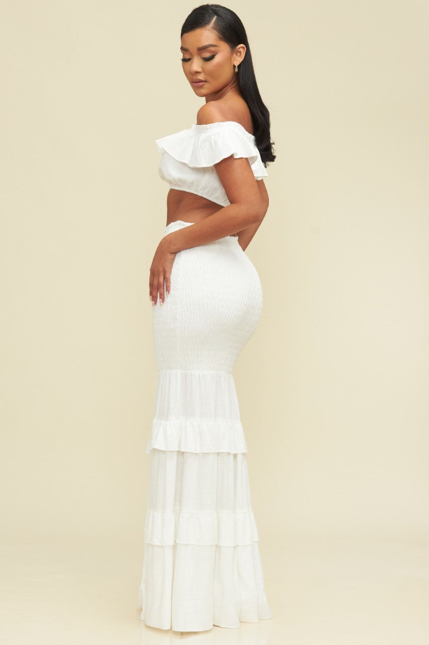 Fashion Summer White High Waisted Elastic Ruffle Maxi Skirt