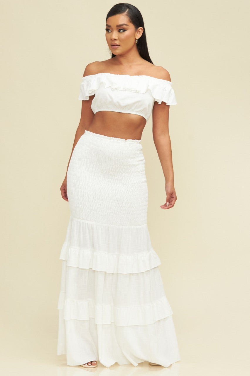 Fashion Summer White High Waisted Elastic Ruffle Maxi Skirt – EDITE MODE