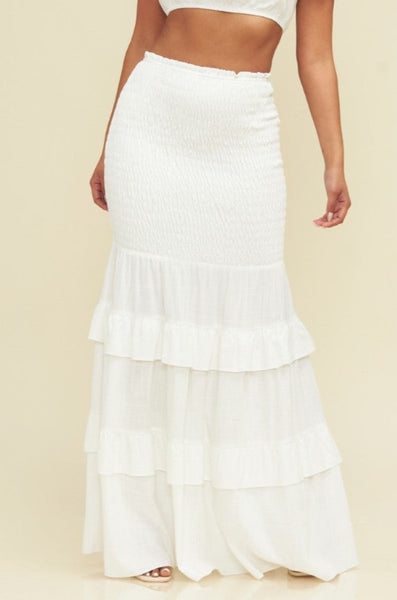 white maxi ruffle skirt