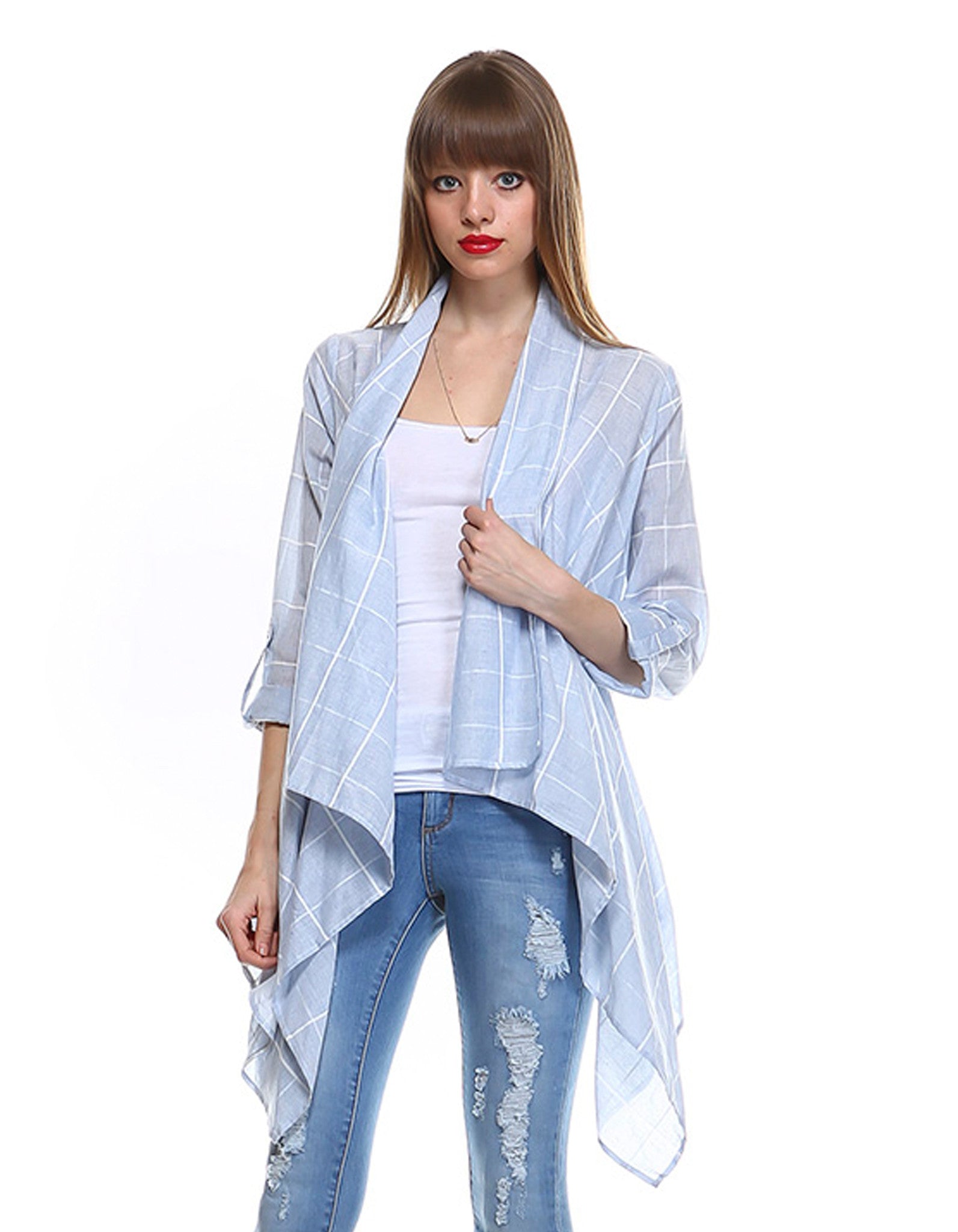 Light Blue Roll Up Sleeves Checkered Cardigan