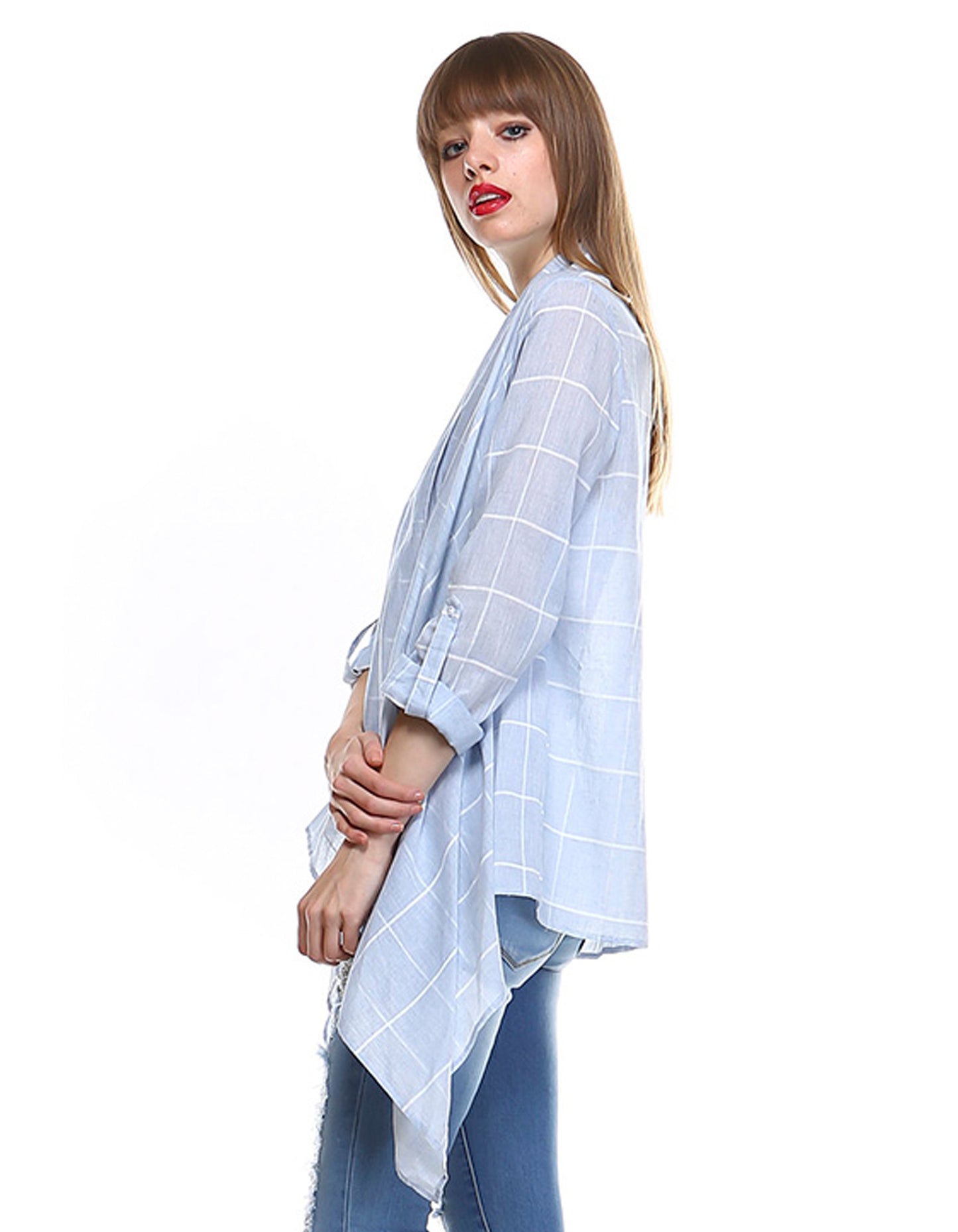 Light Blue Roll Up Sleeves Checkered Cardigan