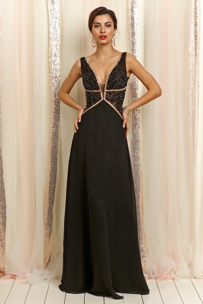 Elegant Cocktail Black Deep V-Neck Crystal Gown
