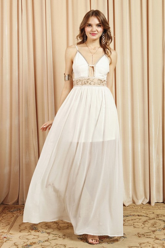 Elegant Ivory Lace Gold Embroidery Detailed Gown