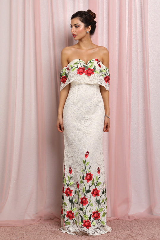 Elegant Ivory Off Shoulder Gown with Roses Embroidery Lace Detailed
