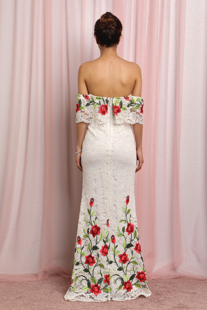 Elegant Ivory Off Shoulder Gown with Roses Embroidery Lace Detailed