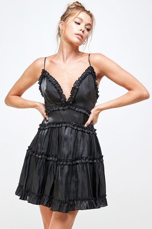 Fashion Strap Ruffle Black Satin V-Neck Dress