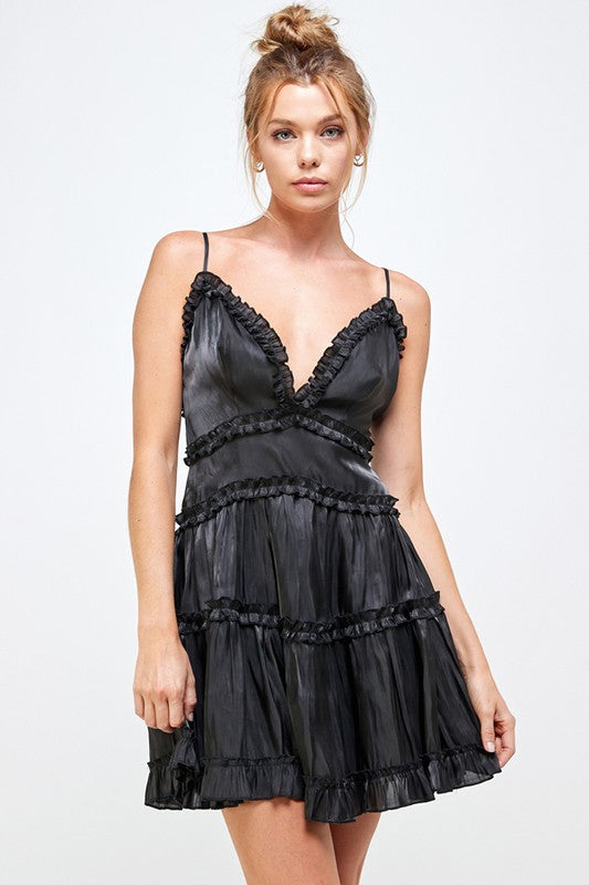 Fashion Strap Ruffle Black Satin V-Neck Dress