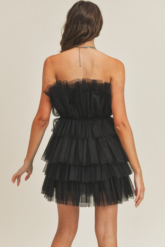 Elegant Black Strapless Ruffle Tulle Mini Dress