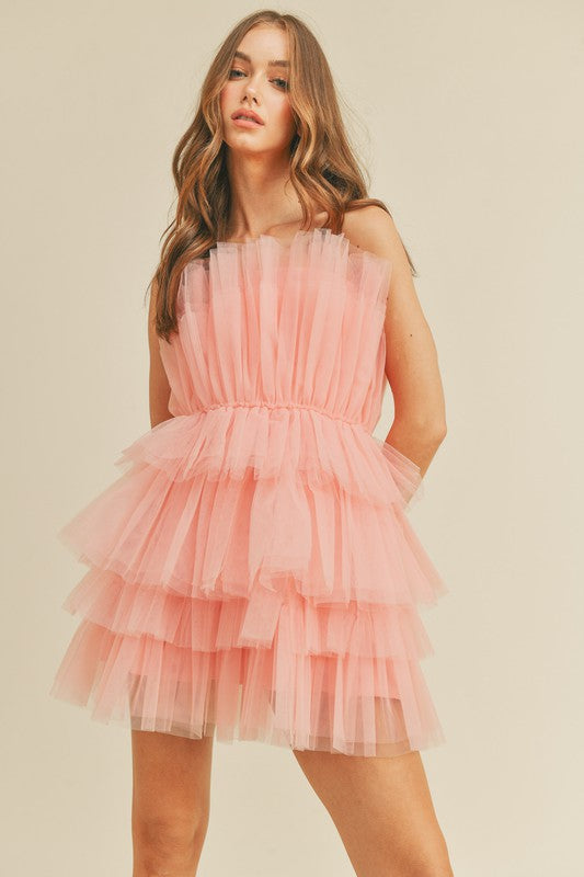 Elegant Blush Strapless Ruffle Tulle Mini Dress
