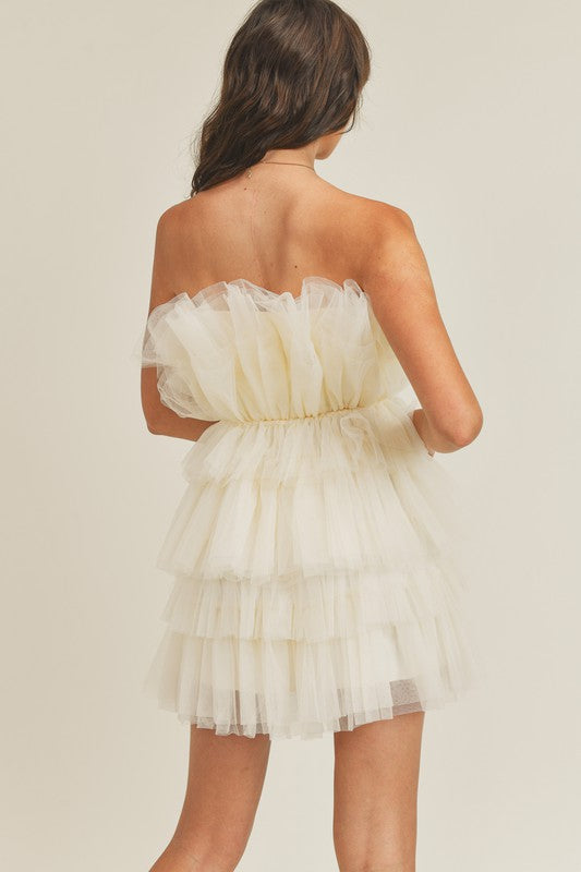 Elegant Cream Strapless Ruffle Tulle Mini Dress