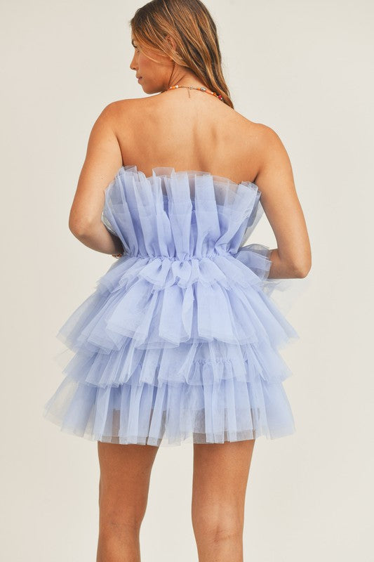 Elegant Dusty Blue Strapless Ruffle Tulle Mini Dress