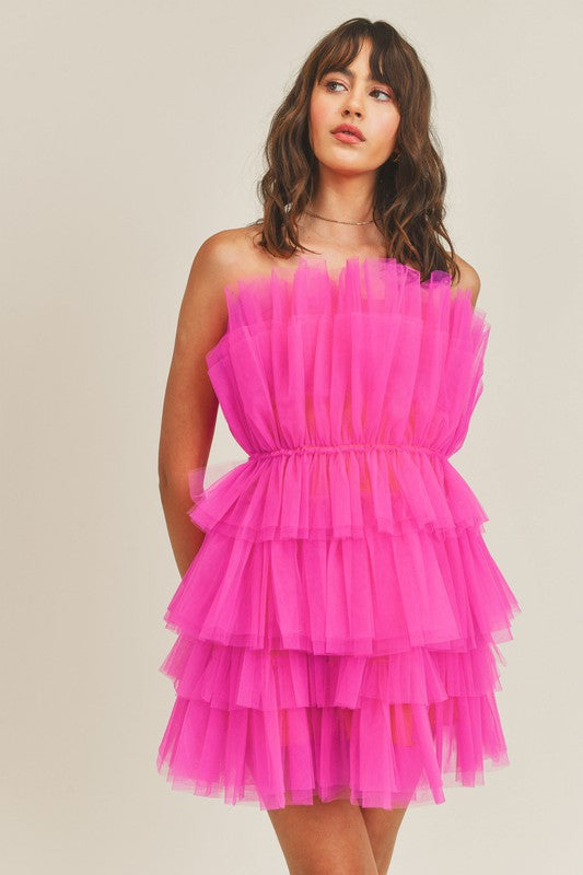 Elegant Hot Pink Strapless Ruffle Tulle Mini Dress