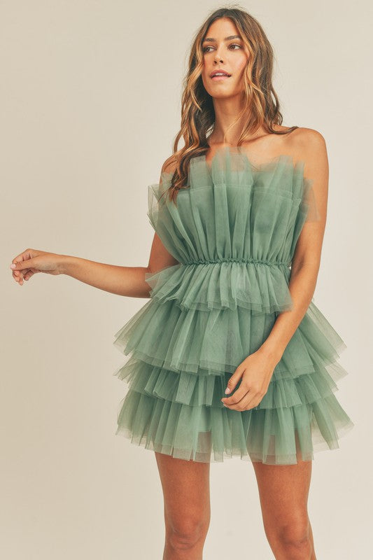 Elegant Sage Strapless Ruffle Tulle Mini Dress
