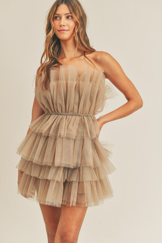 Elegant Taupe Strapless Ruffle Tulle Mini Dress