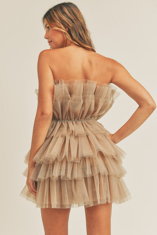 Elegant Taupe Strapless Ruffle Tulle Mini Dress