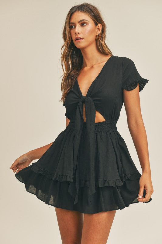 Elegant Black Deep V-Neck Tie-Up Ruffle Dress