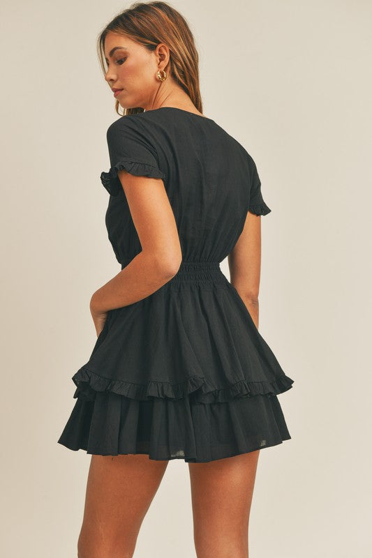Elegant Black Deep V-Neck Tie-Up Ruffle Dress
