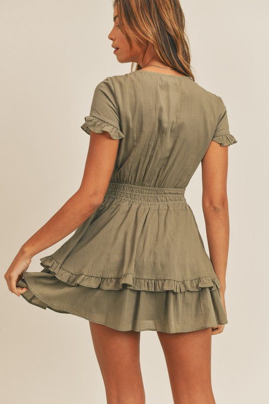 Elegant Dusty Olive Deep V-Neck Tie-Up Ruffle Dress