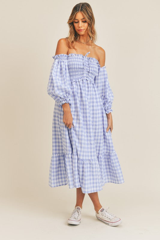 Fashion Off Shoulder Blue Checkered Ruffle Elastic Midi Dress with Bell Sleeve
