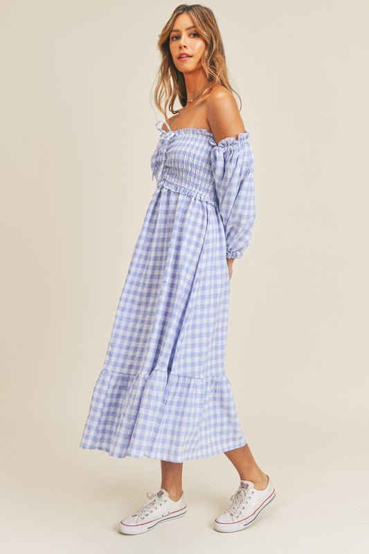 Fashion Off Shoulder Blue Checkered Ruffle Elastic Midi Dress with Bell Sleeve