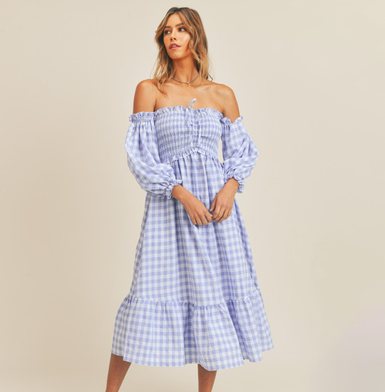 Fashion Off Shoulder Blue Checkered Ruffle Elastic Midi Dress with Bell Sleeve