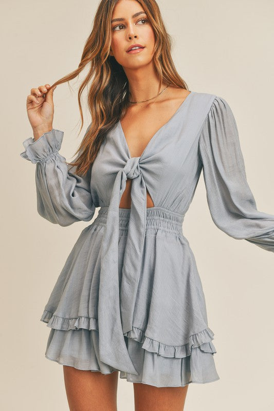 Elegant Blue Deep V-Neck Tie-Up Ruffle Dress with Long Sleeve