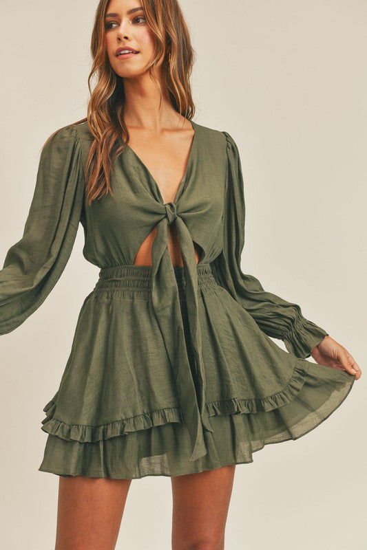 Elegant Olive Deep V-Neck Tie-Up Ruffle Dress with Long Sleeve