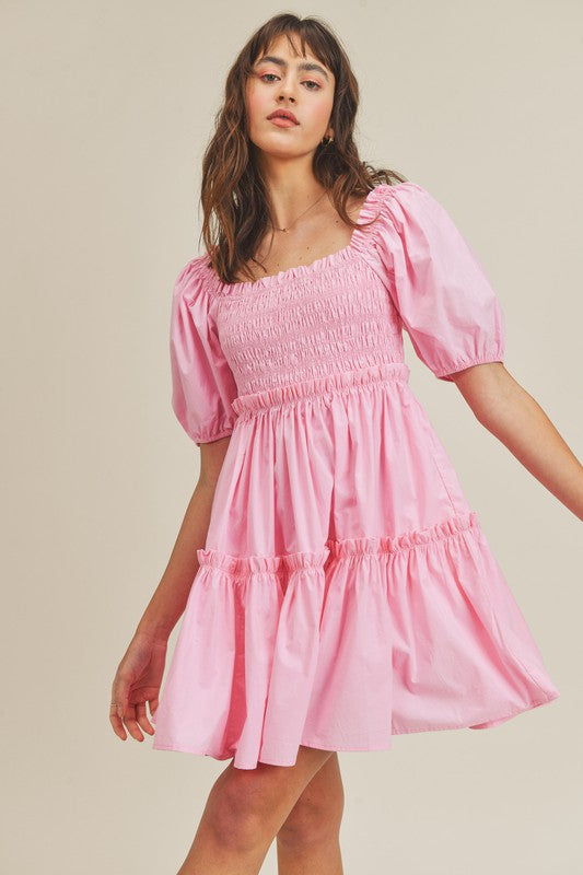 Fashion Candy Pink Smocked Ruffle Elastic Dress