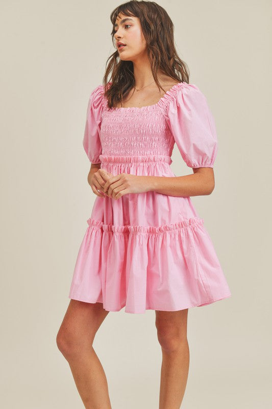 Fashion Candy Pink Smocked Ruffle Elastic Dress