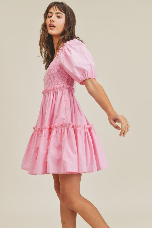 Fashion Candy Pink Smocked Ruffle Elastic Dress