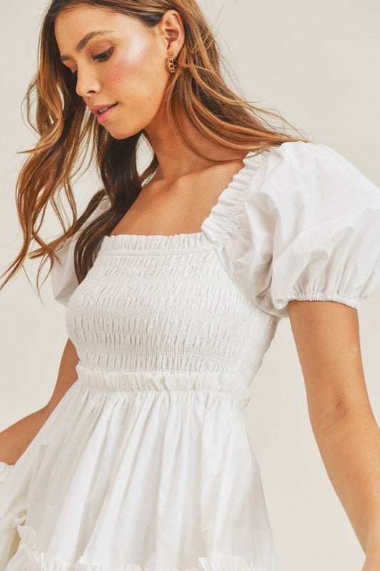 Fashion White Smocked Ruffle Elastic Dress