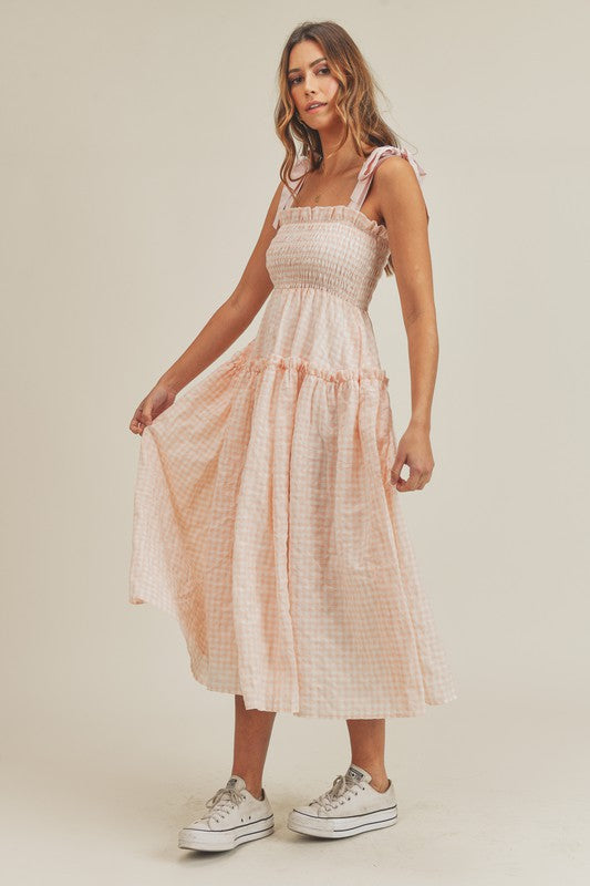 Fashion Strap Tie-Up Pink Checkered Ruffle Elastic Midi Dress