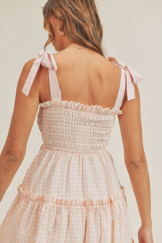 Fashion Strap Tie-Up Pink Checkered Ruffle Elastic Midi Dress