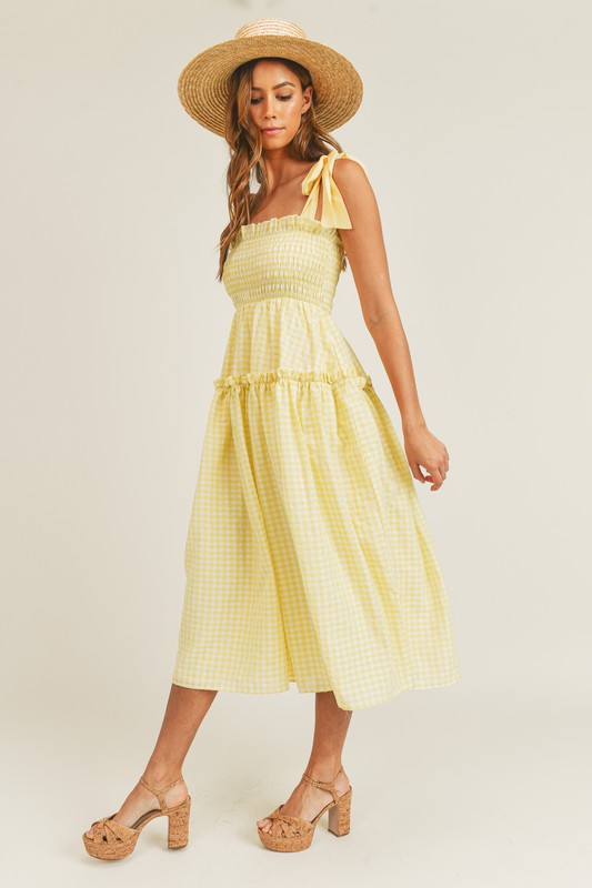 Fashion Strap Tie-Up Yellow Checkered Ruffle Elastic Midi Dress