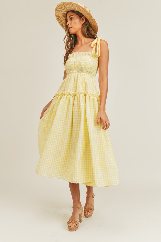 Fashion Strap Tie-Up Yellow Checkered Ruffle Elastic Midi Dress