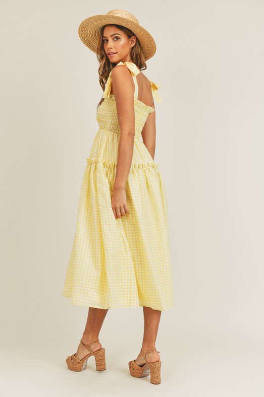 Fashion Strap Tie-Up Yellow Checkered Ruffle Elastic Midi Dress