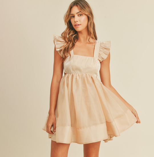 Elegant Light Taupe Band Detailed Layered Ruffle Open Back Tie-Up Satin Dress