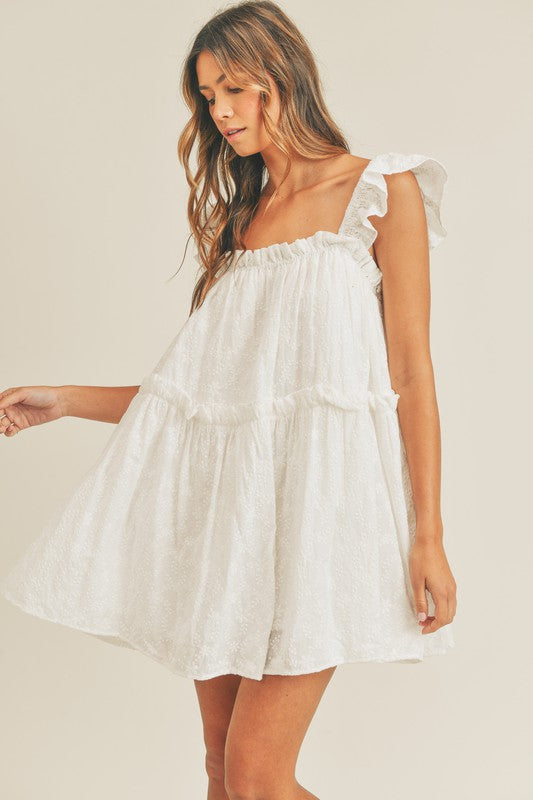 Fashion Summer Strap White Ruffle Floral Embroidery Mini Dress