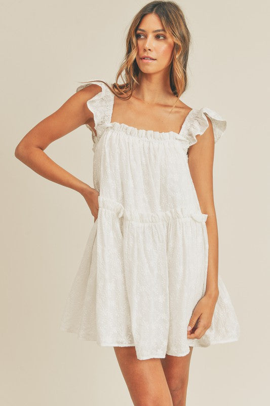 Fashion Summer Strap White Ruffle Floral Embroidery Mini Dress