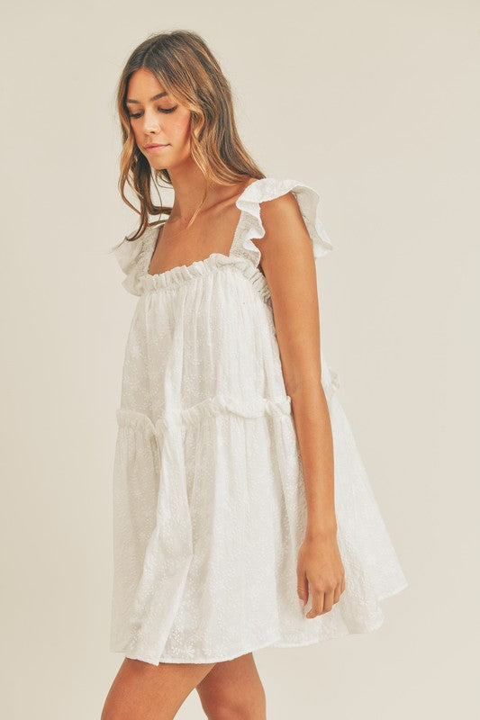 Fashion Summer Strap White Ruffle Floral Embroidery Mini Dress L / White